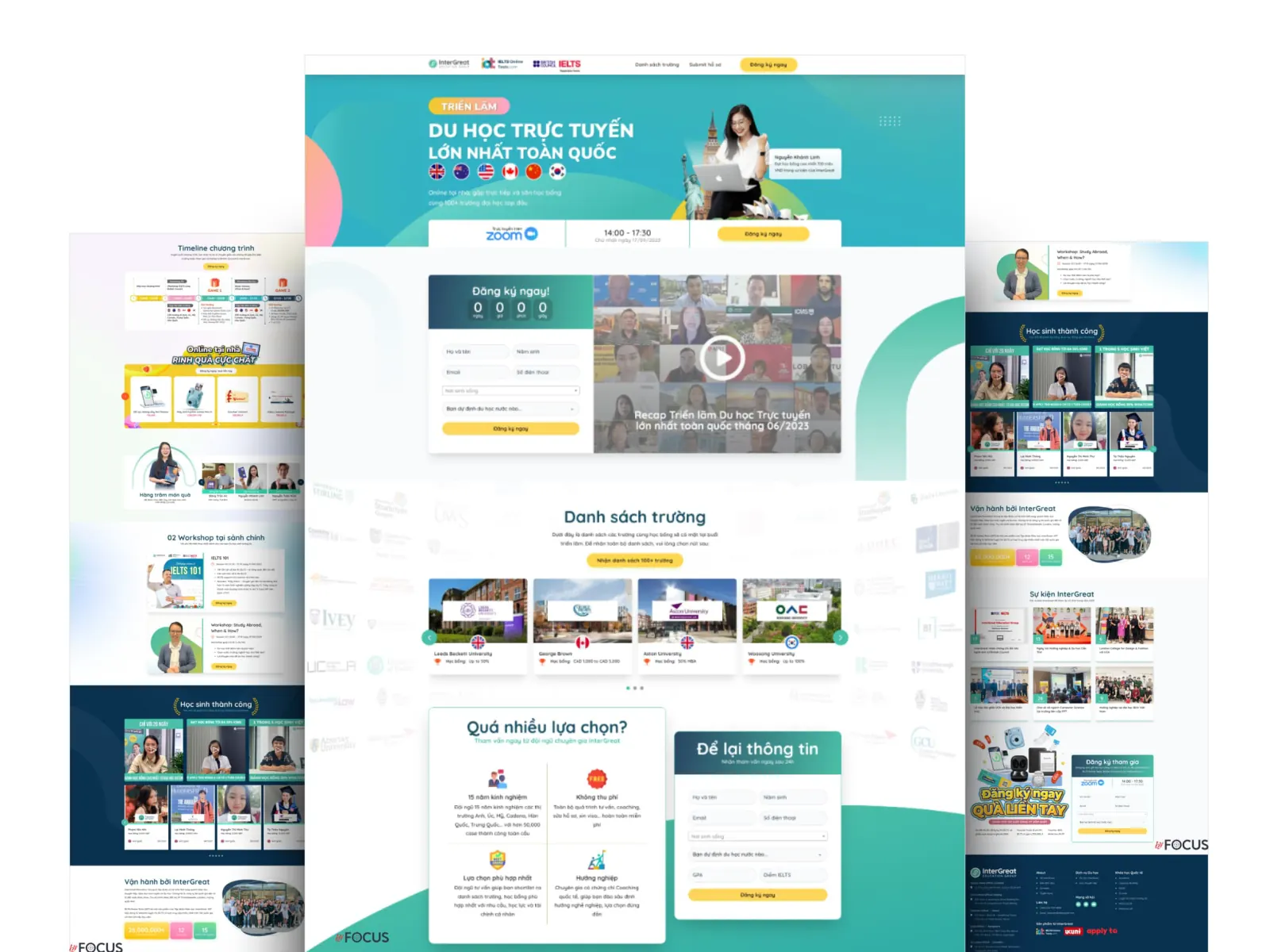 Redesigned InterGreat landing page on three screens: bright teal hero with a real student, a countdown registration form next to the event video, a partner school slider and a 'Quá nhiều lựa chọn?' consultation block.
