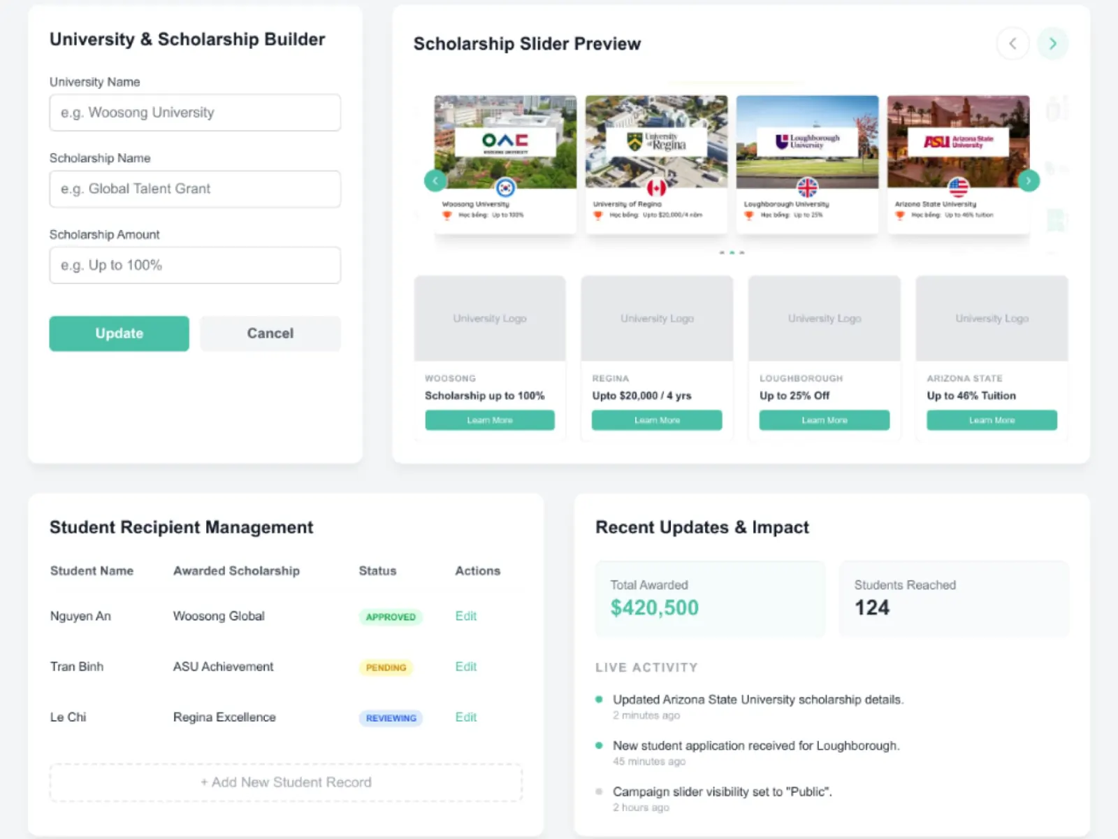 InterGreat campaign admin: a university and scholarship builder form, a slider preview and a student recipient table.