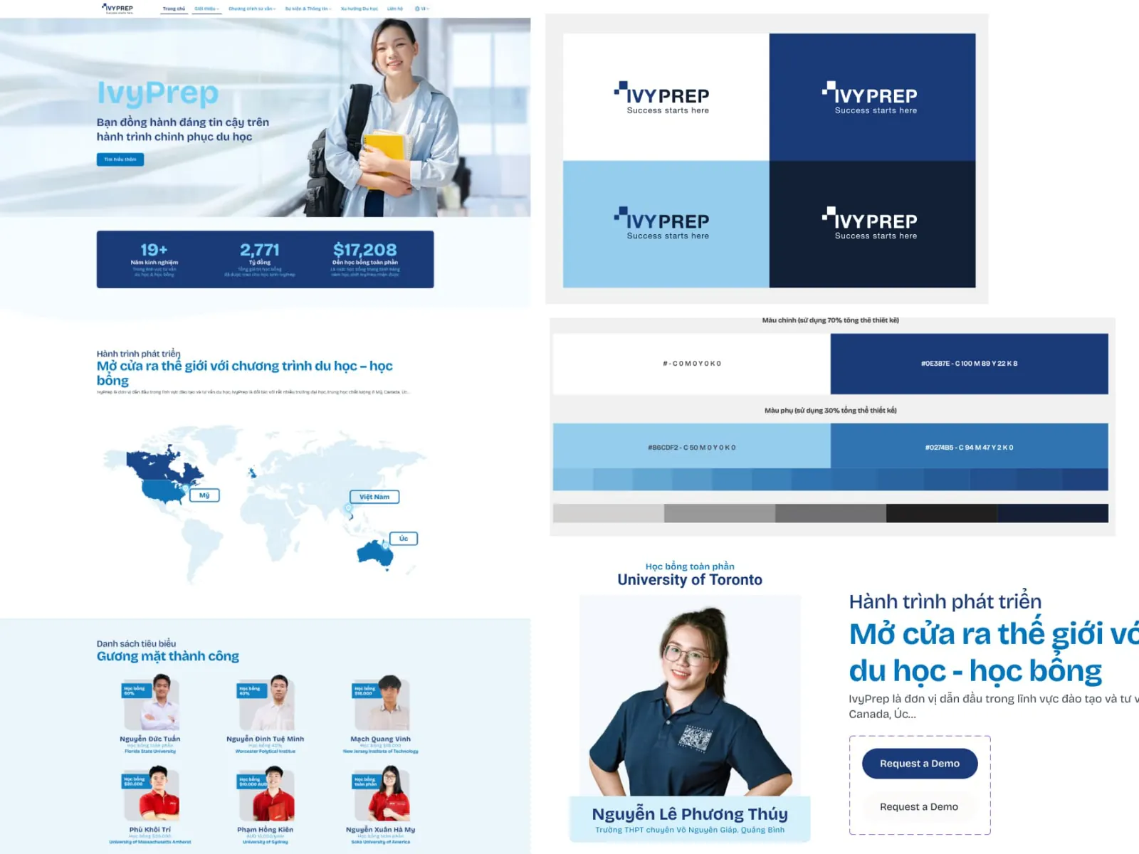 The new IvyPrep website: an airy hero with a student, a stats bar and a map of study destinations.