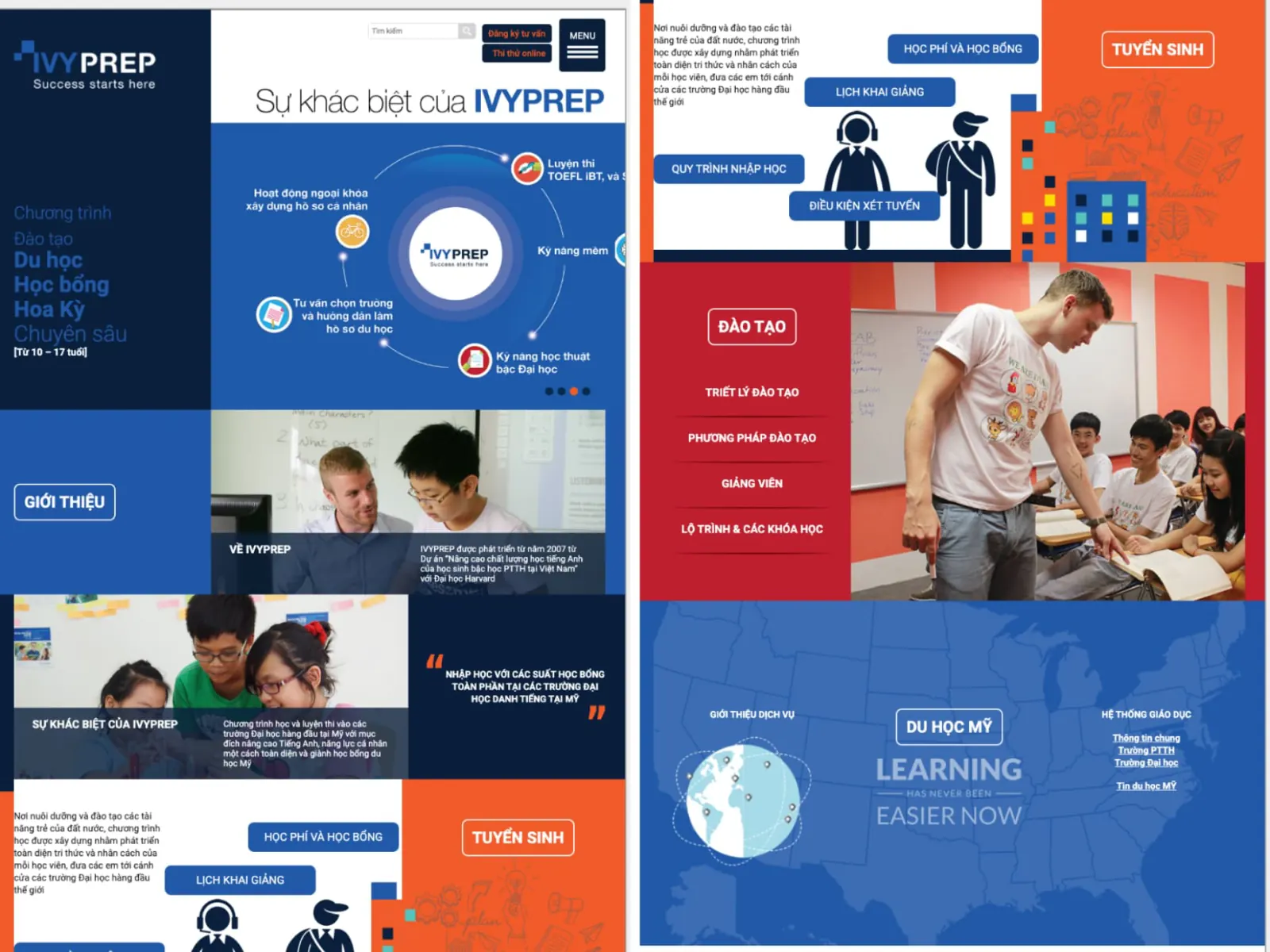 Previous IvyPrep website: dense navy, red and orange blocks with many buttons, a circular programme diagram, classroom photos and a 'Learning has never been easier now' banner.