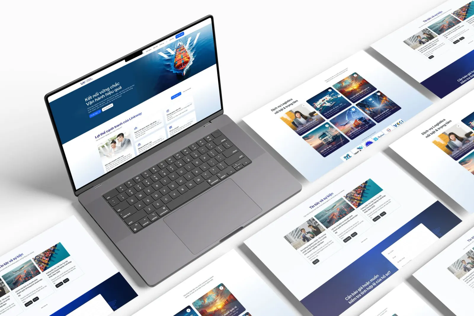 Linkway Logistics homepage on a laptop: a container ship hero surrounded by tilted inner pages.