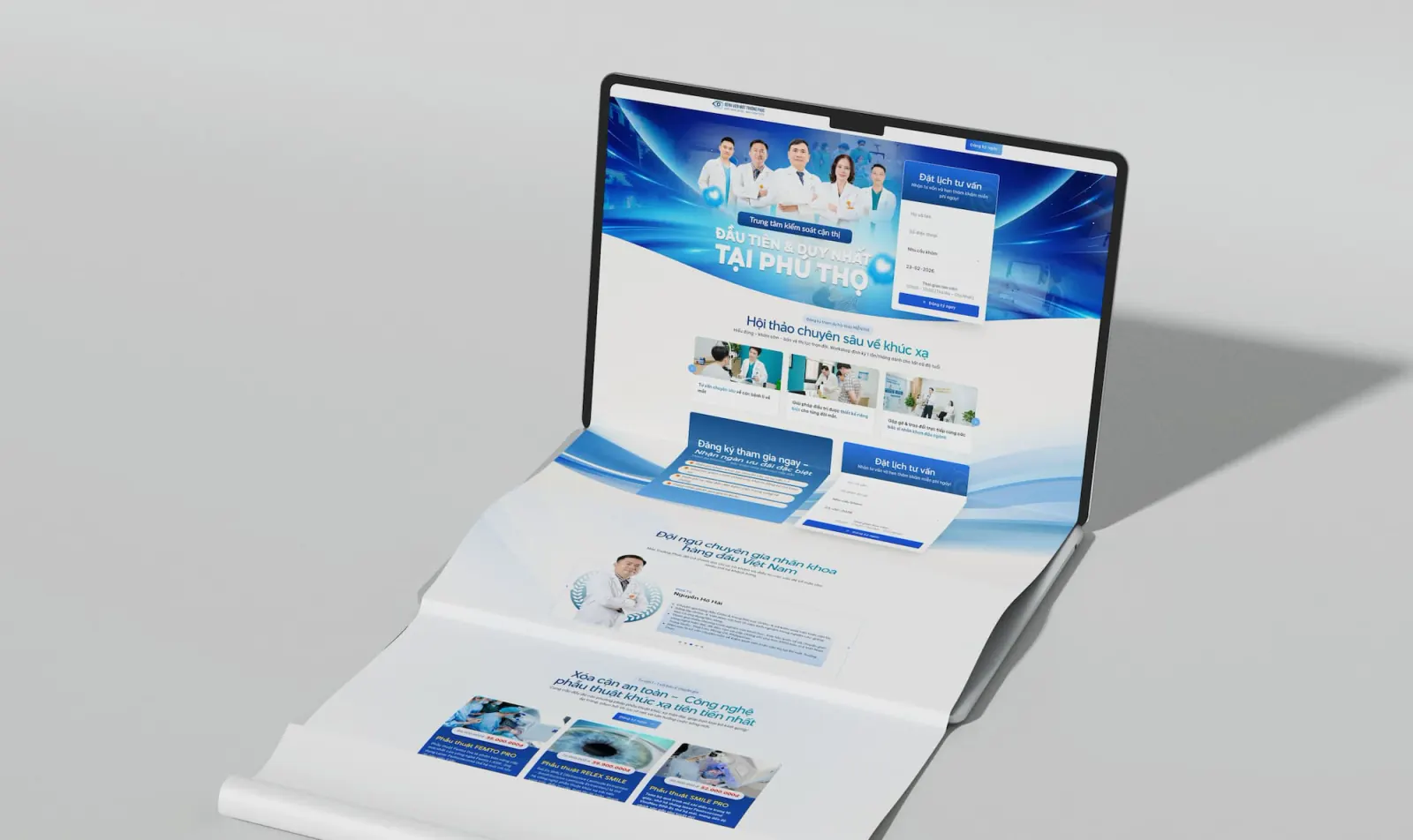 Laptop mockup with the Truong Phuc page flowing out of the screen as a long scroll of doctor, service and booking sections.