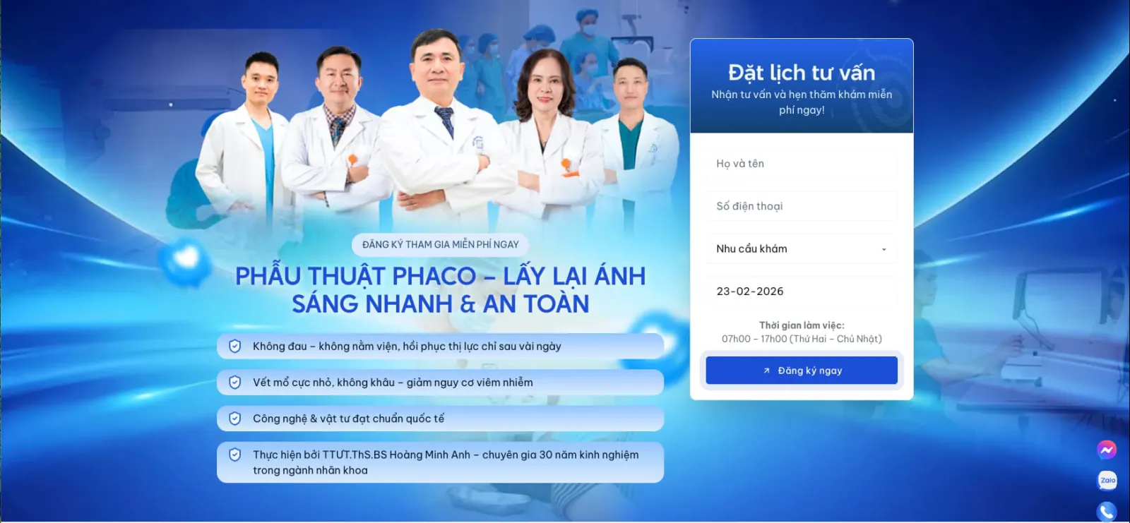 Phaco surgery landing page: bright blue hero with the doctor team, a list of benefits and a 'Đặt lịch tư vấn' booking form on the right.